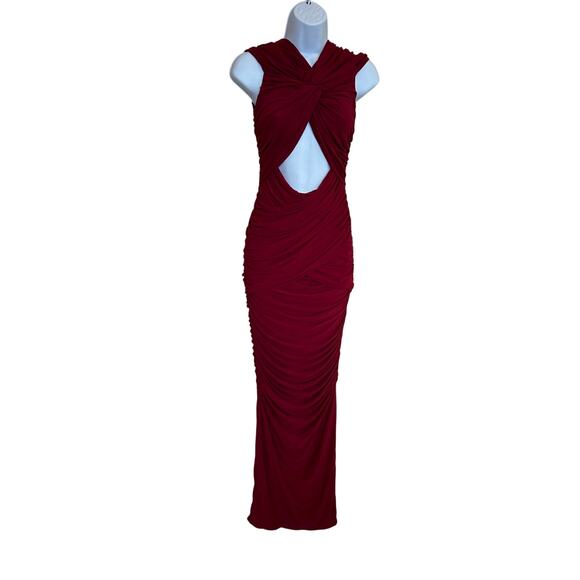 Ronny Kobo Red Ruched Maxi Dress MEDIUM Cutout Slinky Jersey Gown Designer $468 - Picture 5 of 13